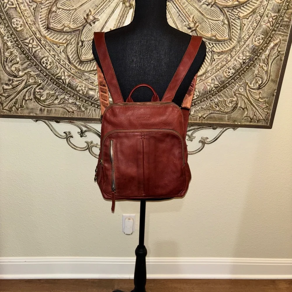 American Leather Co Genuine Leather Backpack Cognac Burgundy Multi Pocket EUC